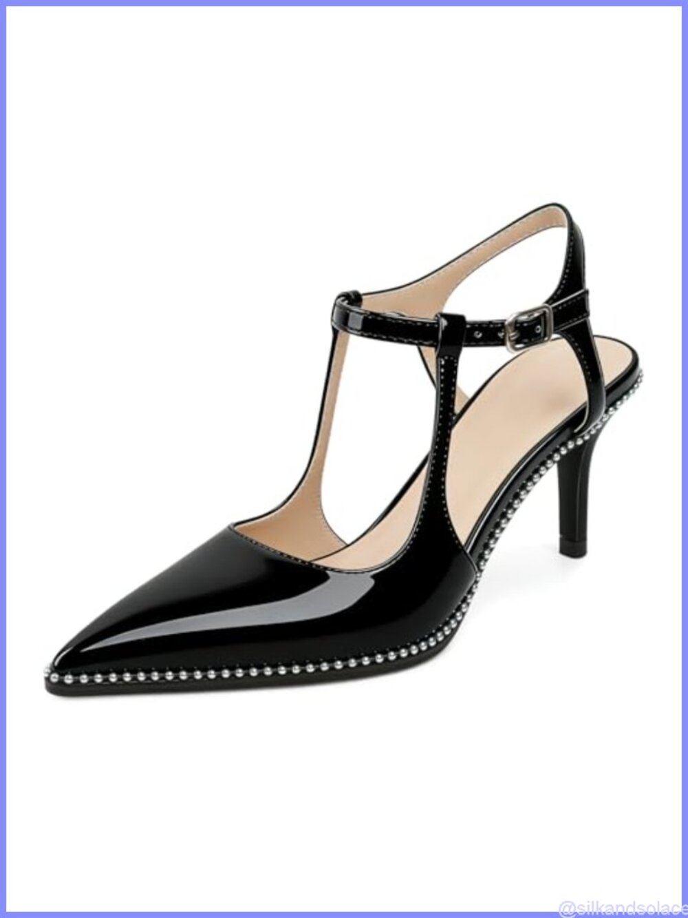 Joseywade Slingback Kitten Heels Pointed Toe Ankle Strap Beaded Pumps 2.5 Inch
